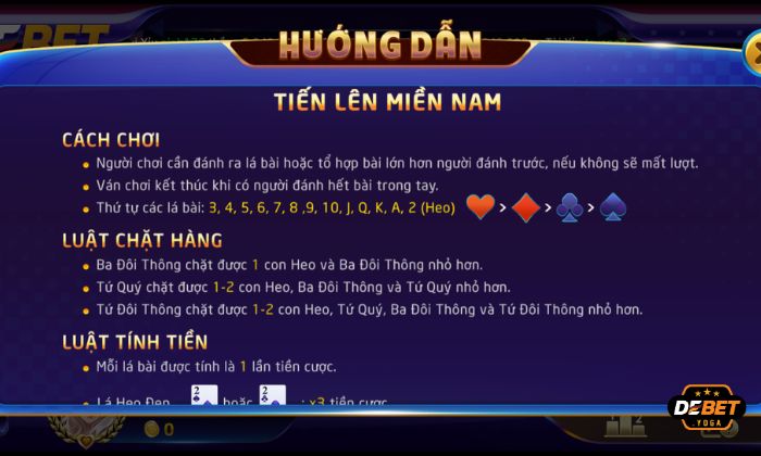 Luật chơi tiến lên miền Nam Debet cần nắm vững